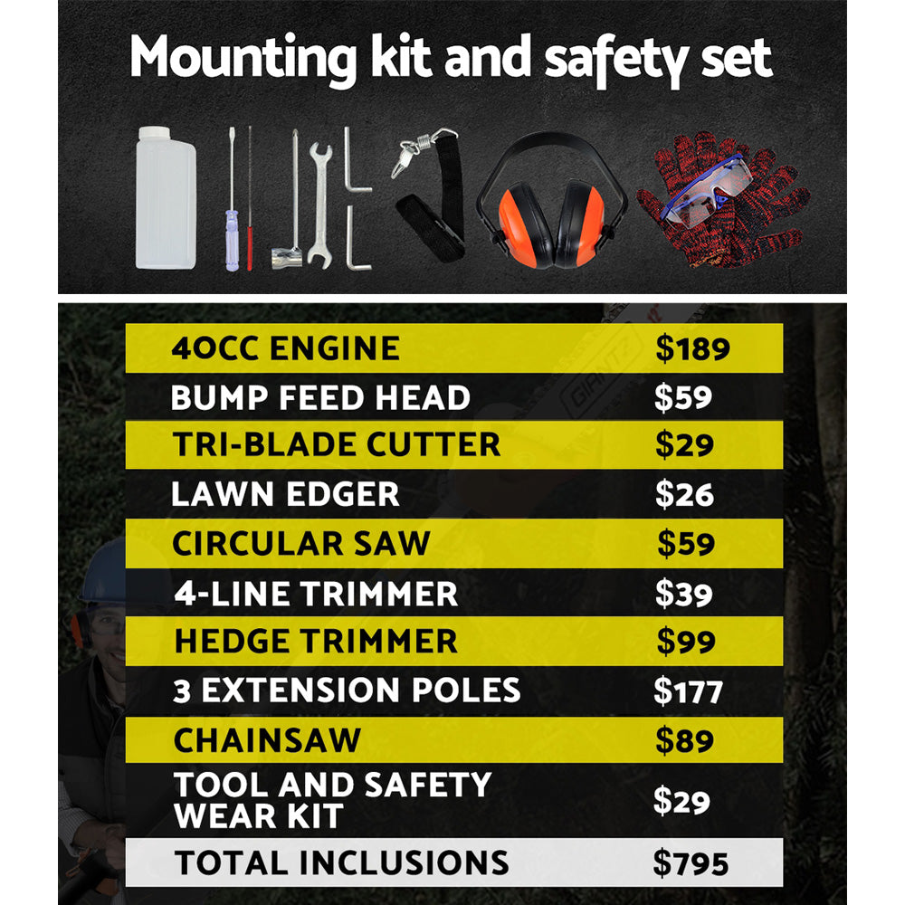 Giantz 40CC Pole Chainsaw Hedge Trimmer Brush Cutter Whipper Saw 4-Stroke 9-in-1