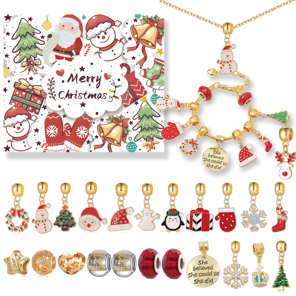 Gold Christmas Advent Calendar DIY Jewelry Kit - 24 Surprises with Gold-Tone Charm Bracelet & Necklace